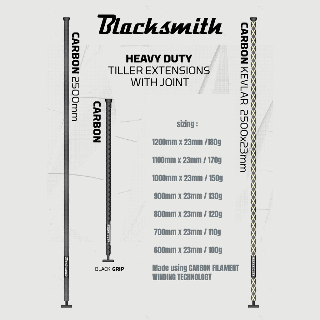 Blacksmith Racing Carbon Tiller Extension 1000/1100/1200mm Blacksmith heavy-duty tiller extensions with joint measurements on a white background