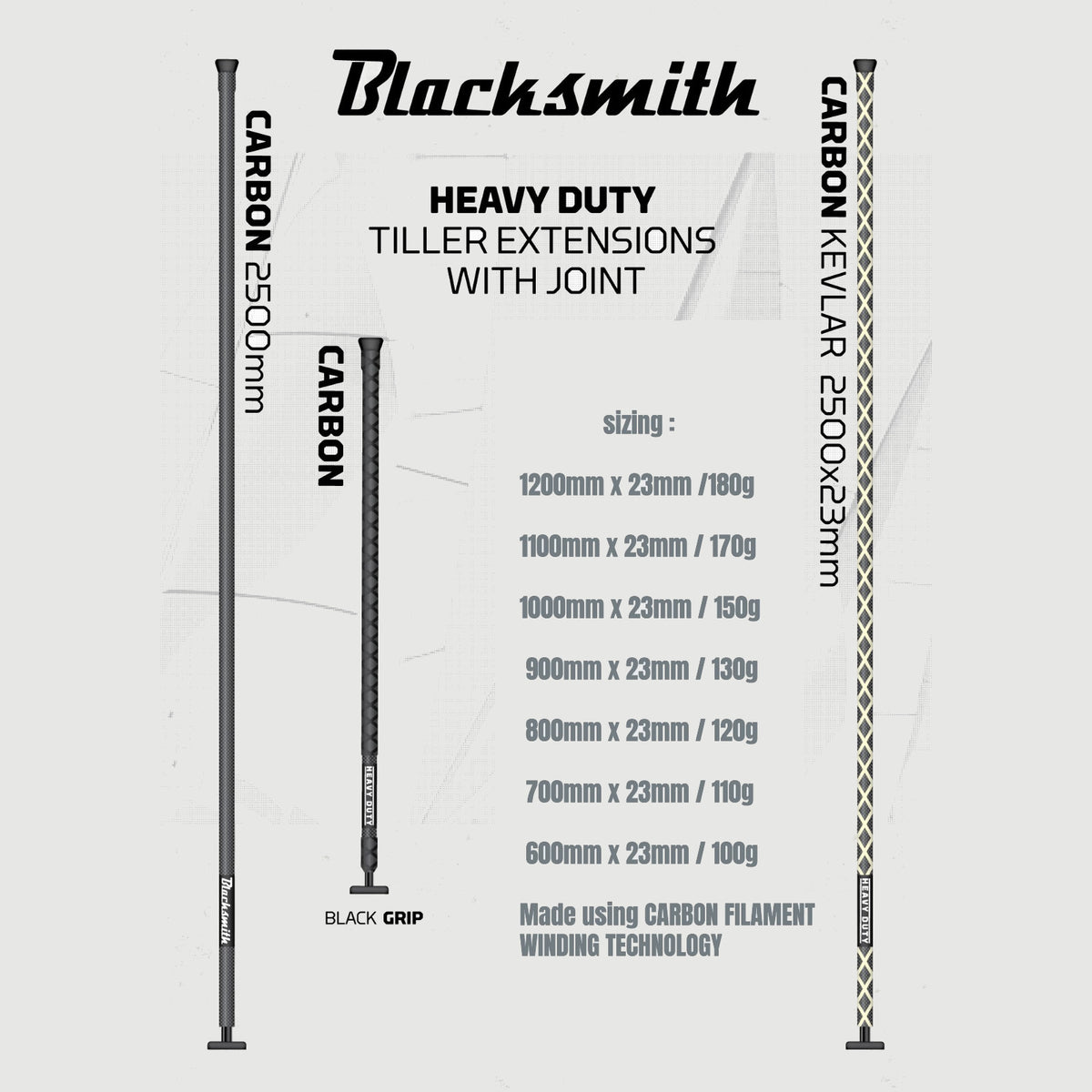 Blacksmith Racing Carbon Tiller Extension 1000/1100/1200mm Blacksmith heavy-duty tiller extensions with joint measurements on a white background