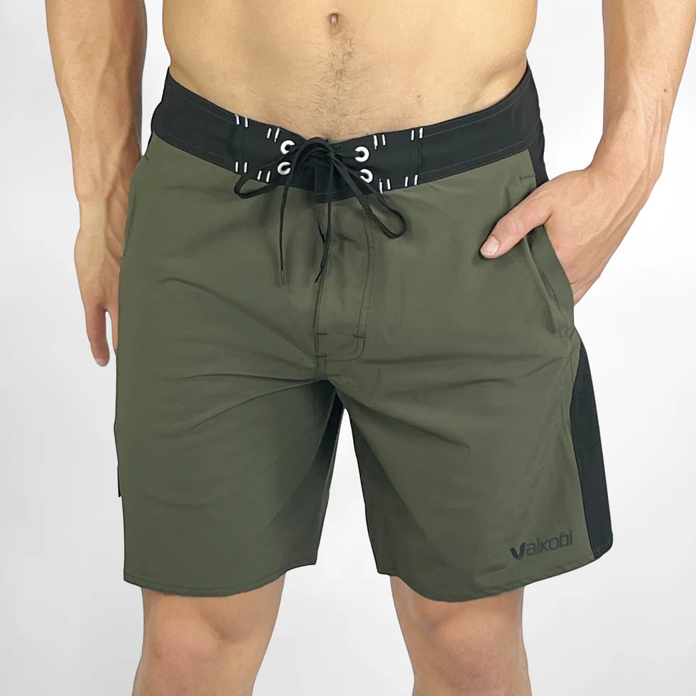 Vaikobi Newport Boardie (VK-262) Green shorts with a black belt and visible brand logo on a white background