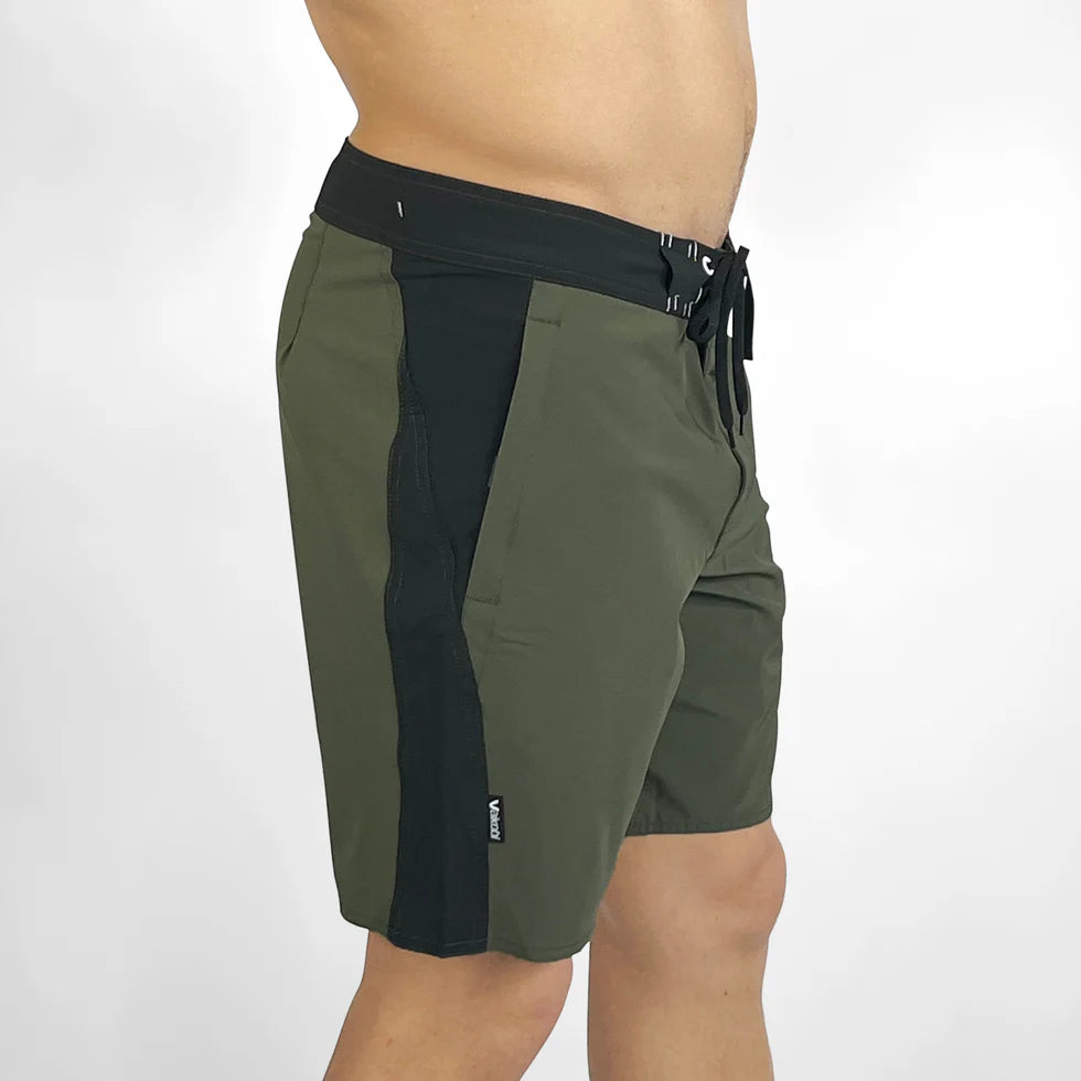 Vaikobi Newport Boardie (VK-262) Green and black shorts with a visible brand logo on a white background