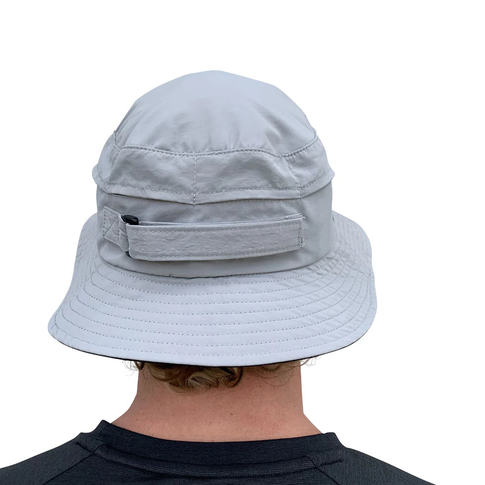 Vaikobi Downwind Surf Hat (VK-260) Light gray bucket hat worn by a person on a white background