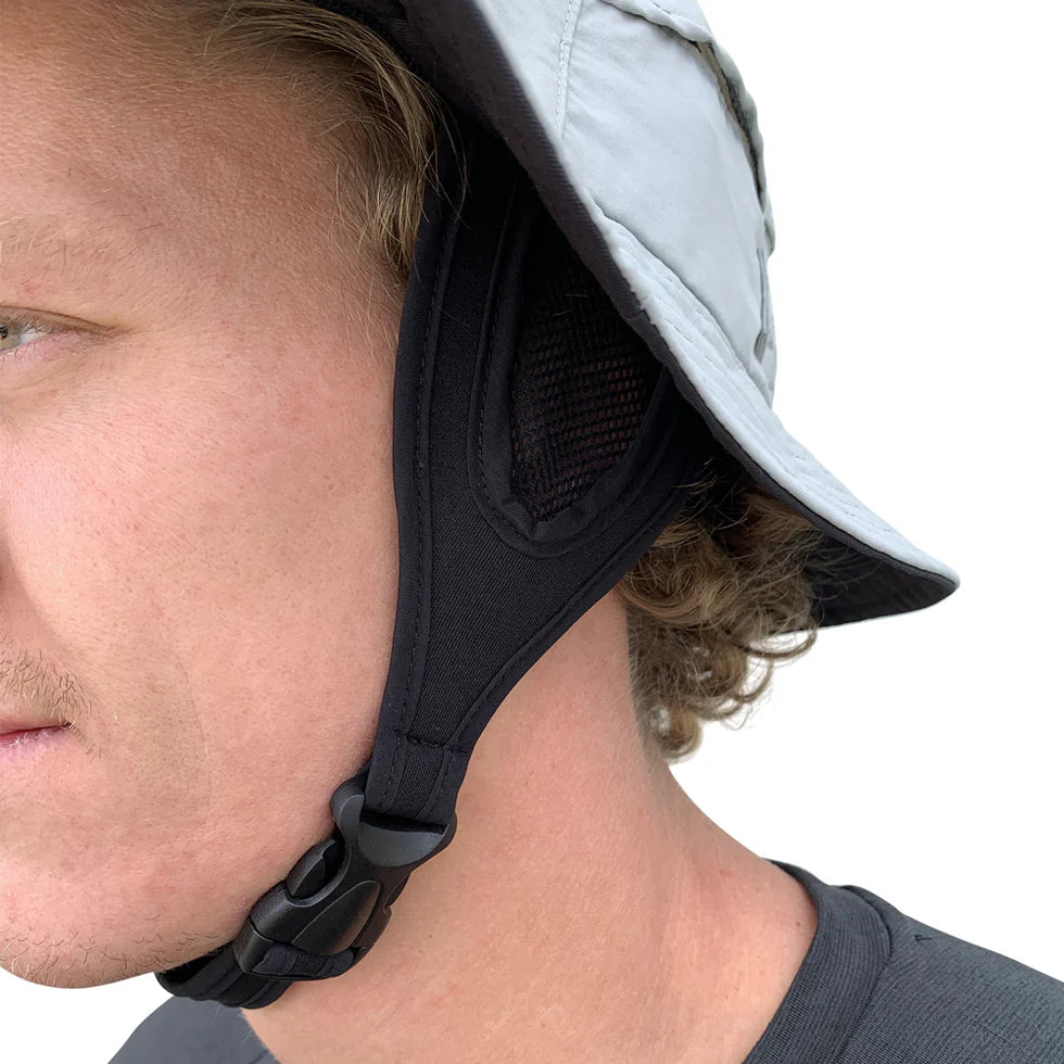 Vaikobi Downwind Surf Hat (VK-260) Close-up of a person wearing a gray cap with a black strap, on a white background