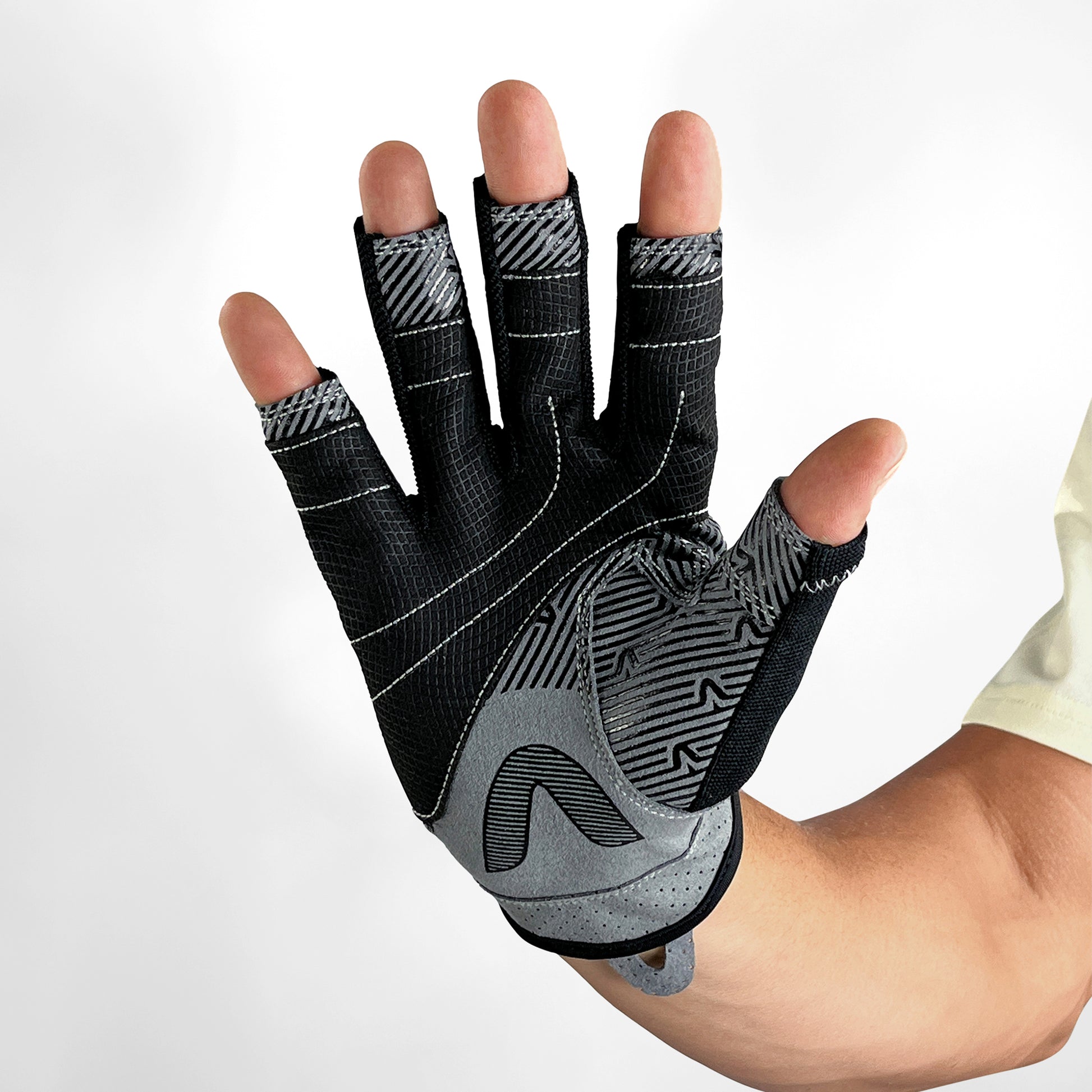 Vaikobi Gen 2 V-Grip Short Finger Deck Gloves - Palm Hand View - Grey/Black - Sailing Gloves